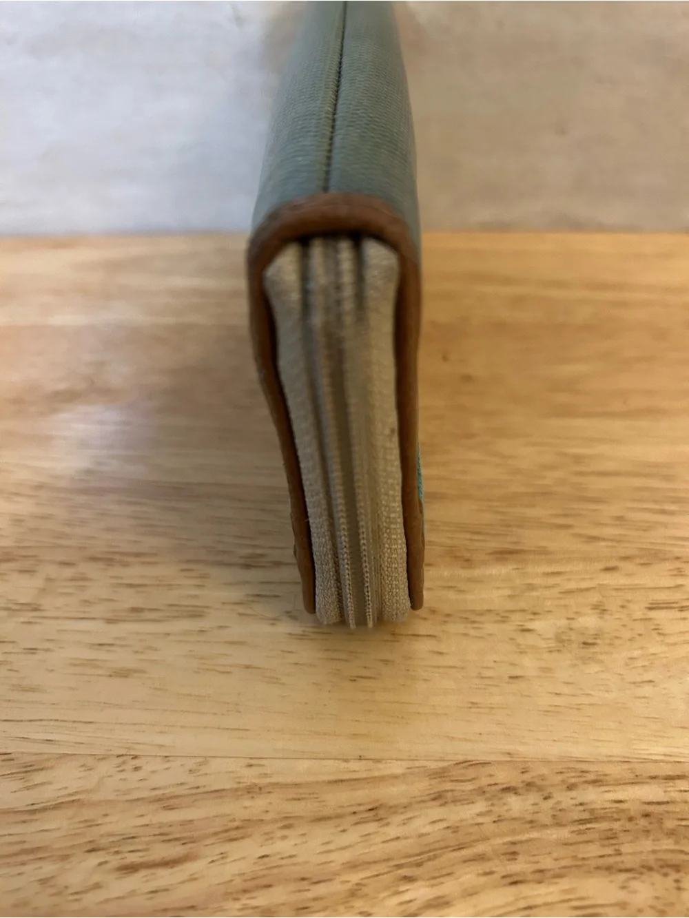 Fossil Teal and Tan Zip Wallet with Herringbone Accent